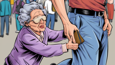 a comic illustration of an elderly blind kI FMmAXQoyMy3WC3P0rTA 8afVBIBRlmDCacTTxvBNw