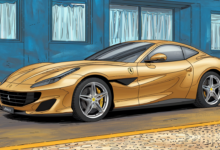a comic illustration of a golden ferrari T6WQJSUXQpe8xgQDYGwRPQ RRC xrP3QLKYvBItYcoTtw