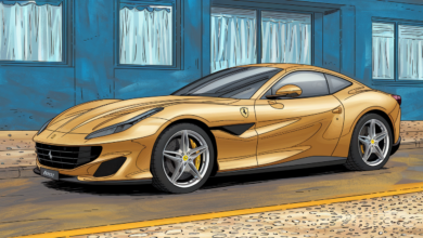 a comic illustration of a golden ferrari T6WQJSUXQpe8xgQDYGwRPQ RRC xrP3QLKYvBItYcoTtw