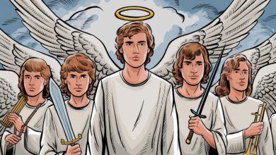 a comic illustration of a group of angel o58jIMqzSbuiFYsInz4zzQ wp1 zT3LTDCs JlNvDkpOg
