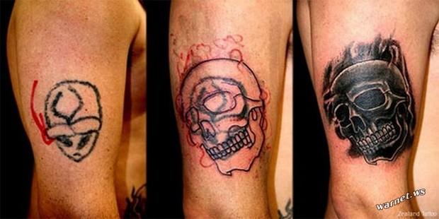 Braço com tatuagem mal feita sendo transformada em desenho novo realista e vibrante