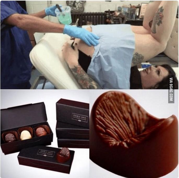 Bombons em formato realista de ânus feminino, enfileirados numa caixa elegante
