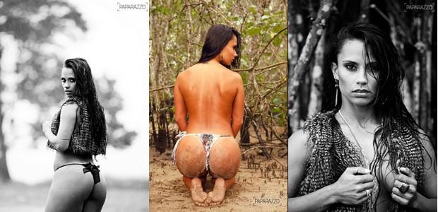 Kelly Medeiros, ex-BBB12, completamente pelada e molhada em ensaio sensual para o Paparazzo, com bunda empinada e olhar provocante no meio da chuva.